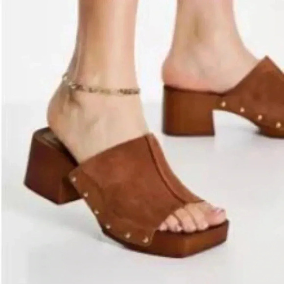 Asos Design | BLACK Suede Clogs Mules with Antique Gold  Tone Studs - Picture 11 of 11